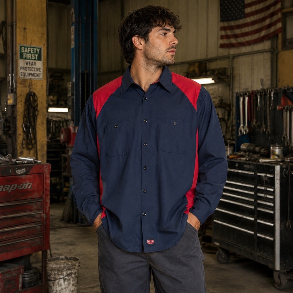 Vintage Red Kap Shirt Mens XL Navy Blue Red Long Sleeve Work Two Tone Mechanic